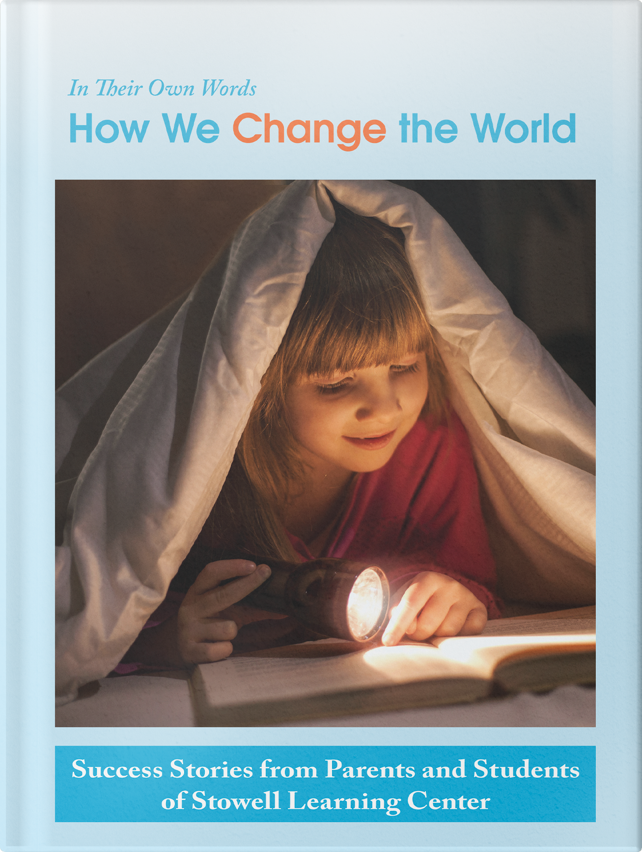 Girl reading a book of success stories from students and parents.