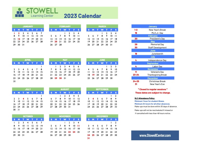 2023 Calendar for Stowell Learning Centers