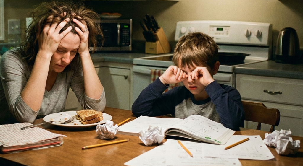 “A tired mother and her young child sitting at the kitchen table late at night, both frustrated and overwhelmed by difficult homework.”