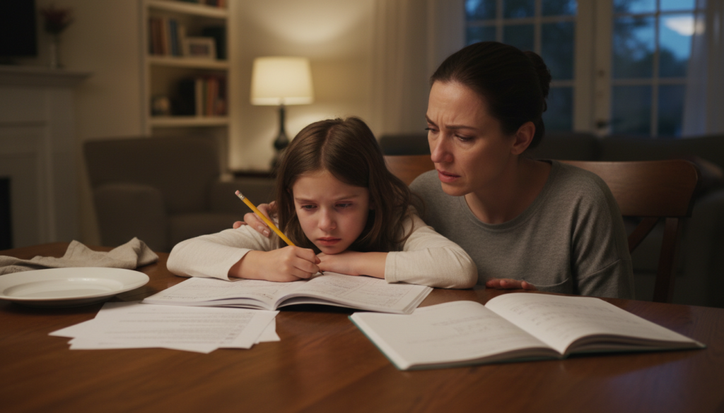 A tired 9-year-old girl struggles with homework at the dining table after dinner while her mother sits beside her, both visibly overwhelmed and on the verge of tears.
