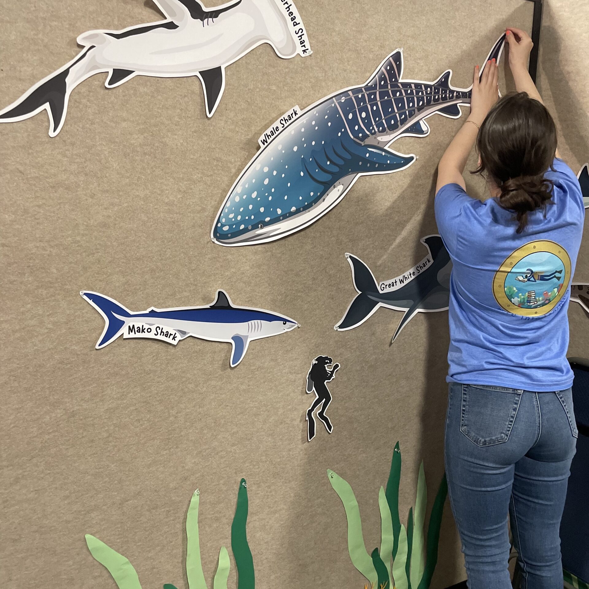 Stowell Learning Center clinician decorating walls with a shark cutout for the Summer's underwater theme